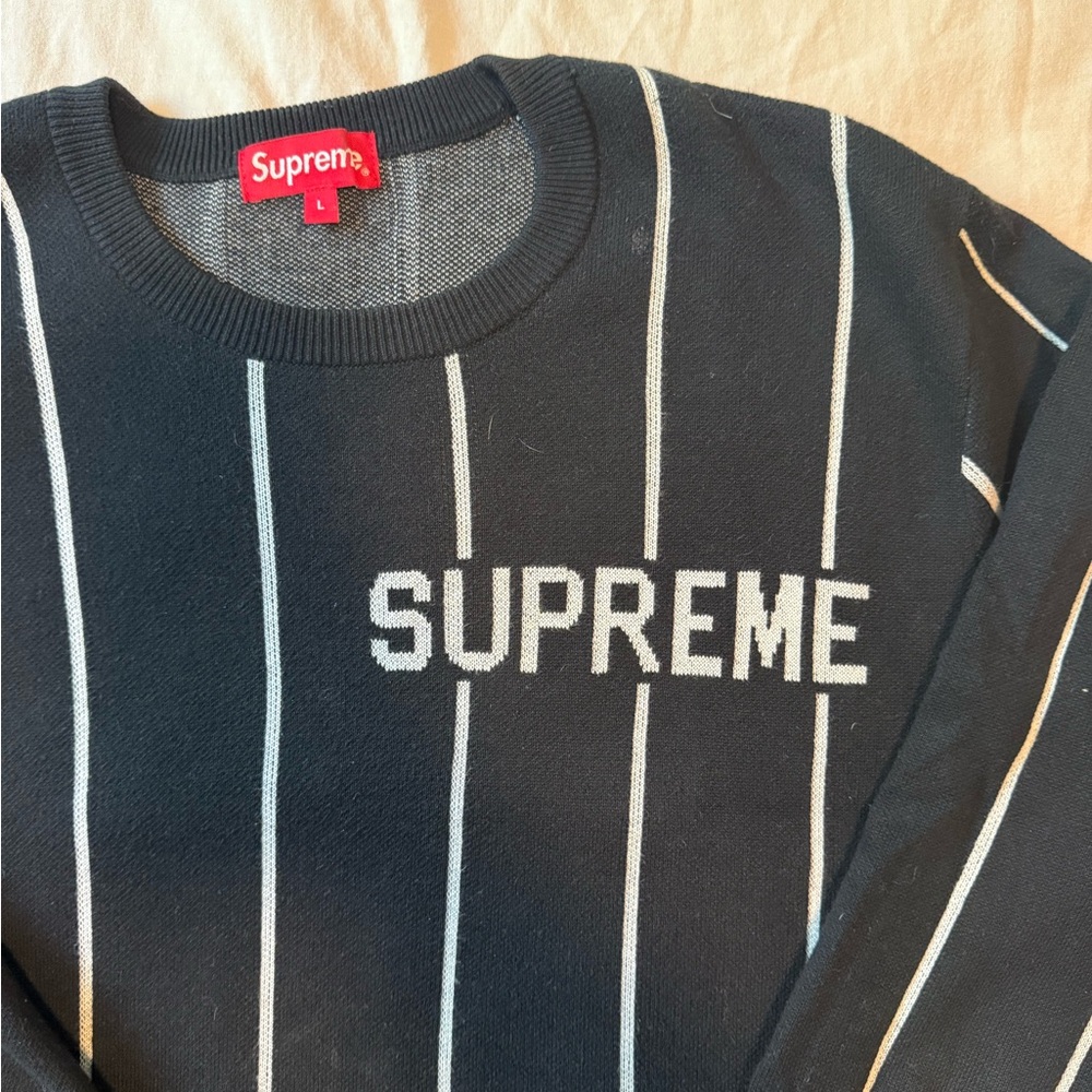 Supreme Black and White Pinstripe Crewneck Sweater